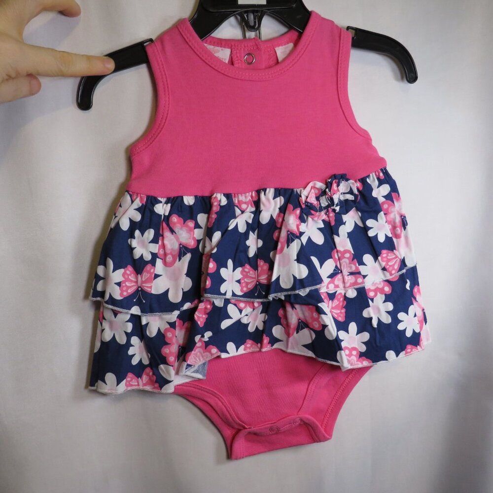 Baby Pink Floral Dress - Bodysuit Ruffled Sleeveless 3-6mo 100% cotton